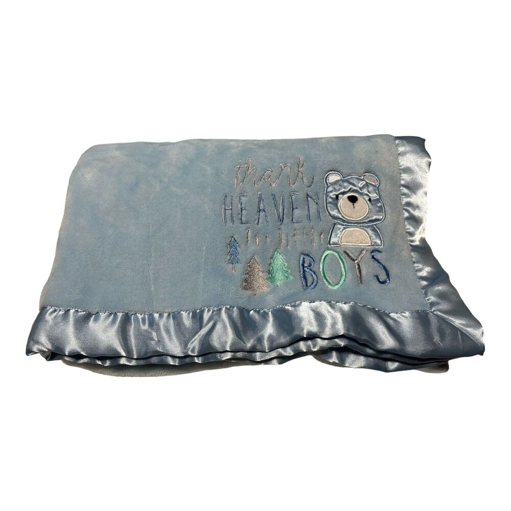 Baby Essentials Blue Baby Blanket Thank Heaven For Little Boys Satin Trim Bear